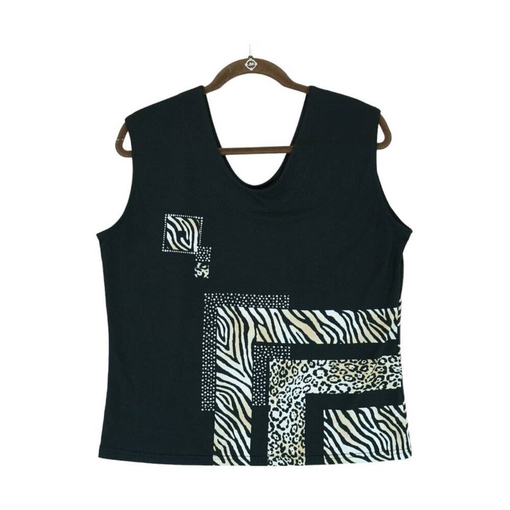 Valentina Womens Top 1X Black Sleeveless Tank Rhinestone Scoop Neck Animal Print